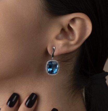 Swiss Blue Topaz White Diamonds Earrings