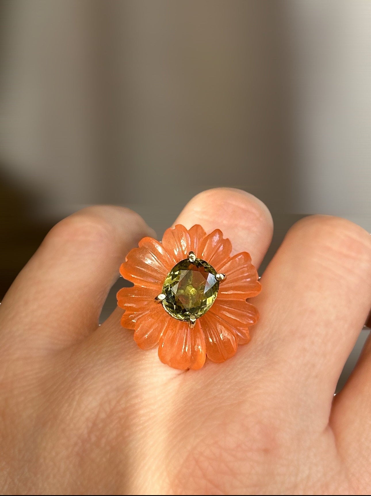 Blooming Orange-Pink Jade Green Tourmaline Ring