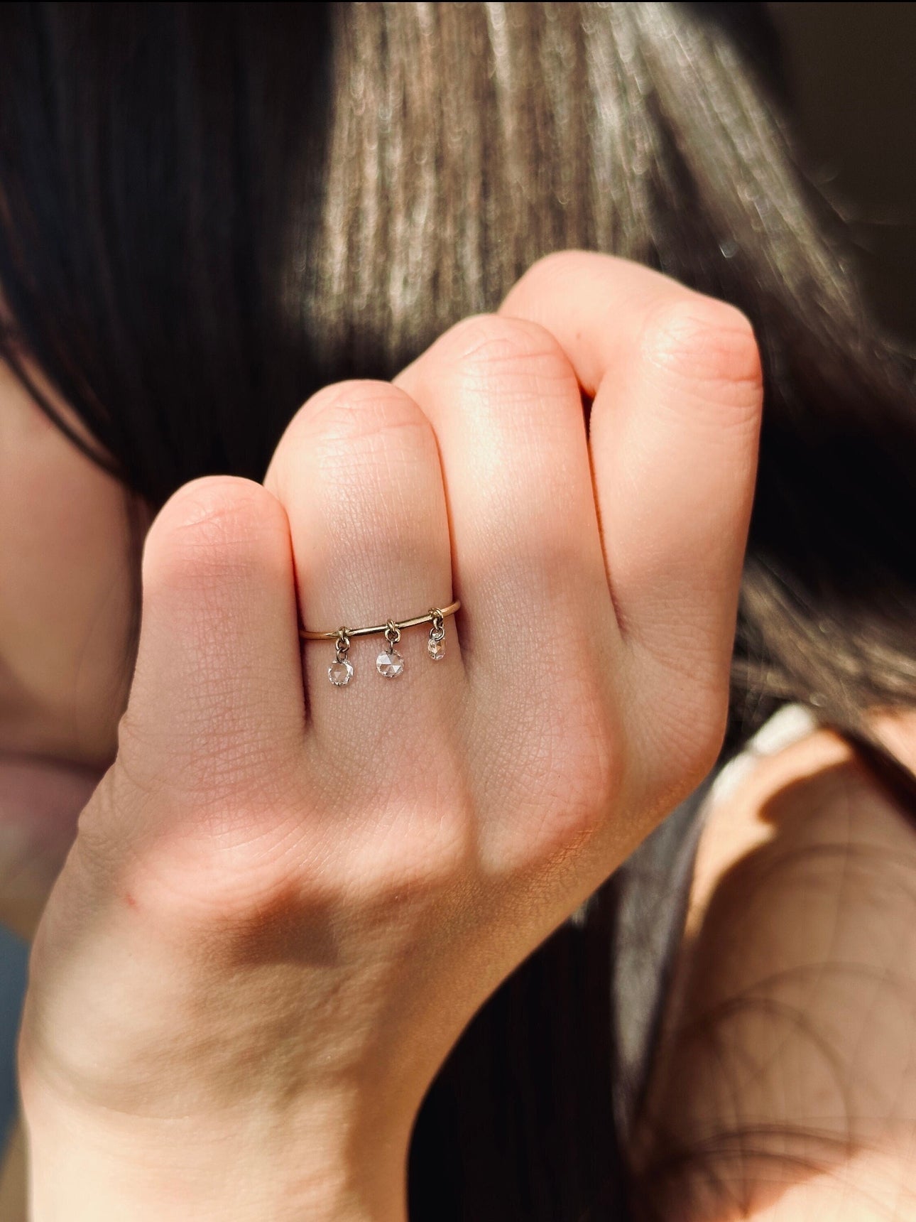 Floating Set Free Three Rose Cut Diamonds Ring