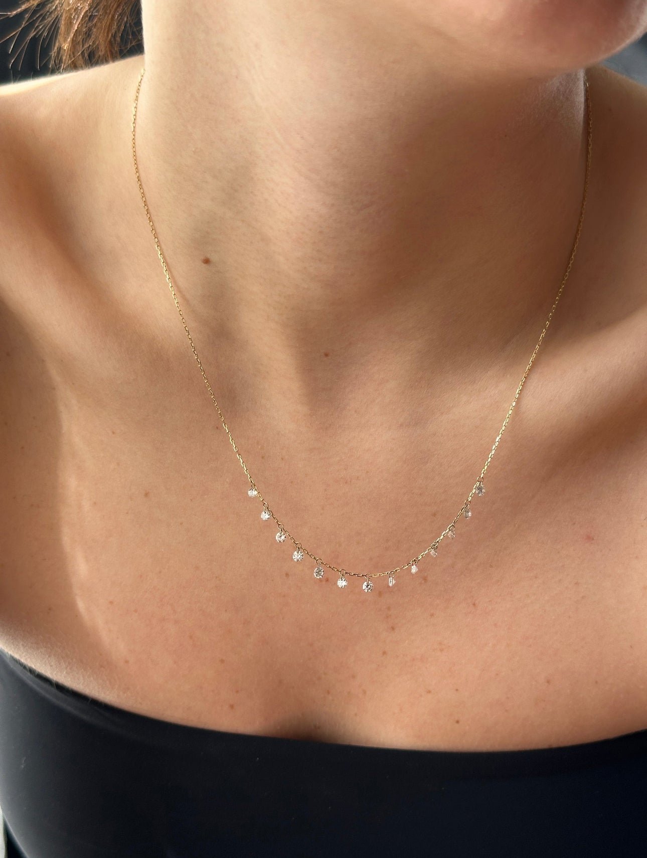 14k Gold Set Free Bare Brilliant Cut Floating Diamonds Station Necklace