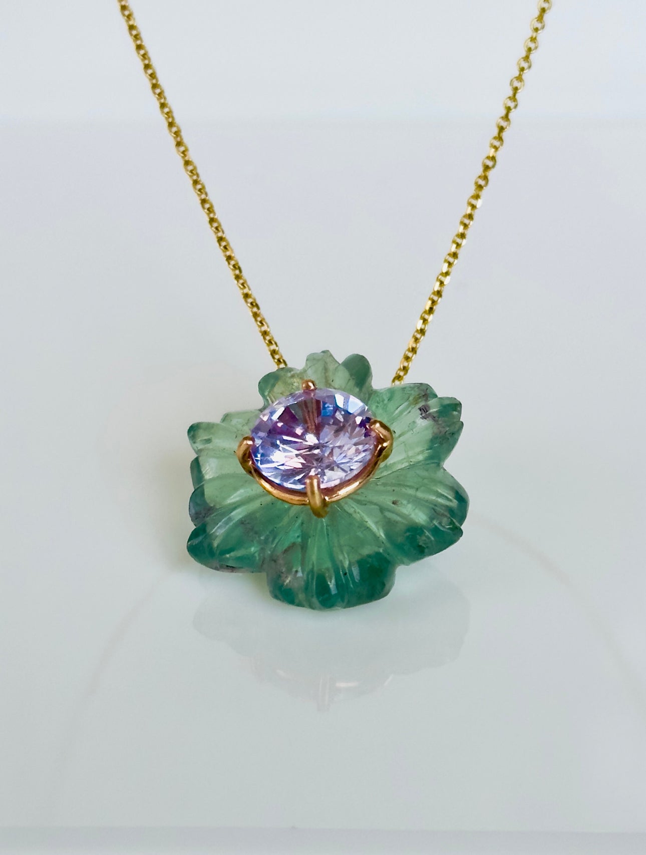 Blooming Green Fluorite Lilac Zircon Pendant 14k, Solid Gold Pendant
