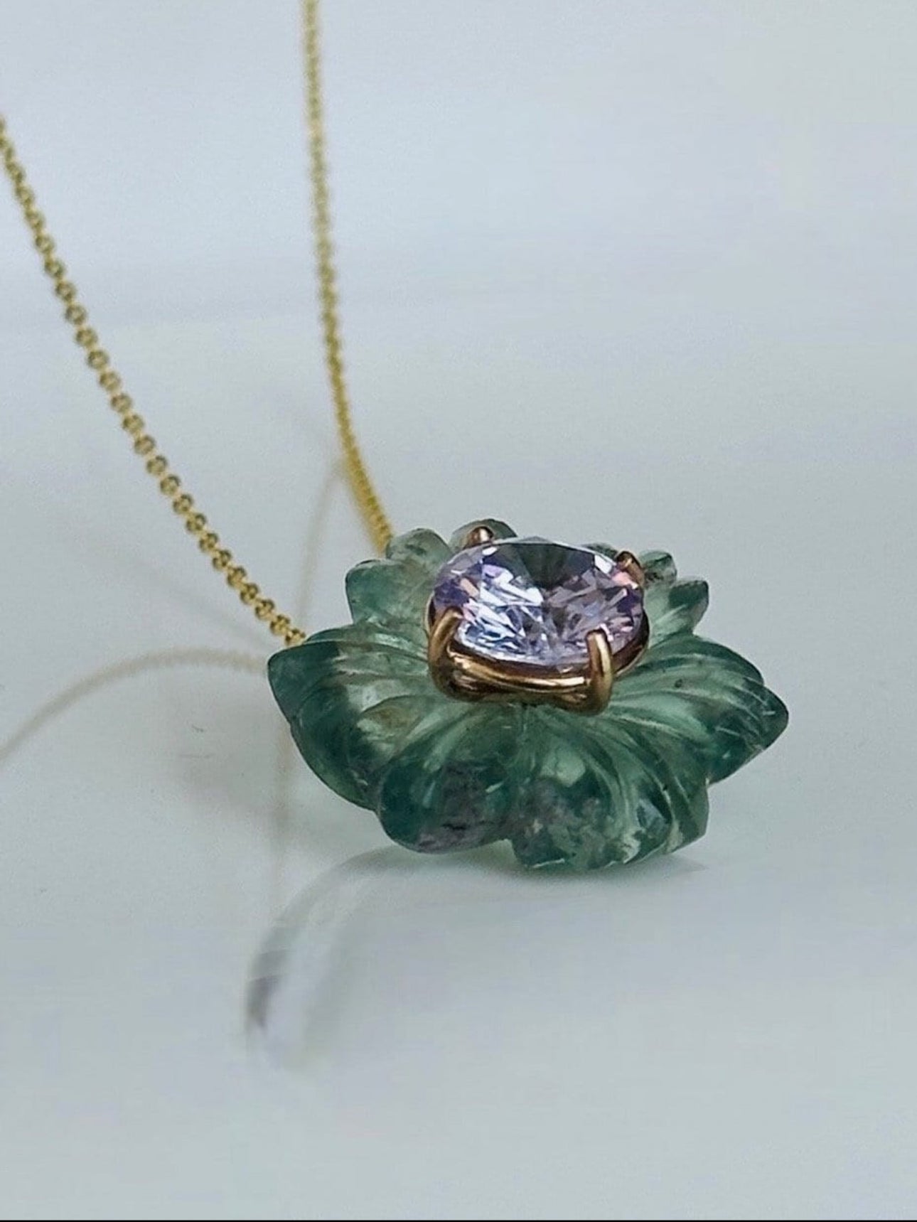Blooming Green Fluorite Lilac Zircon Pendant 14k, Solid Gold Pendant