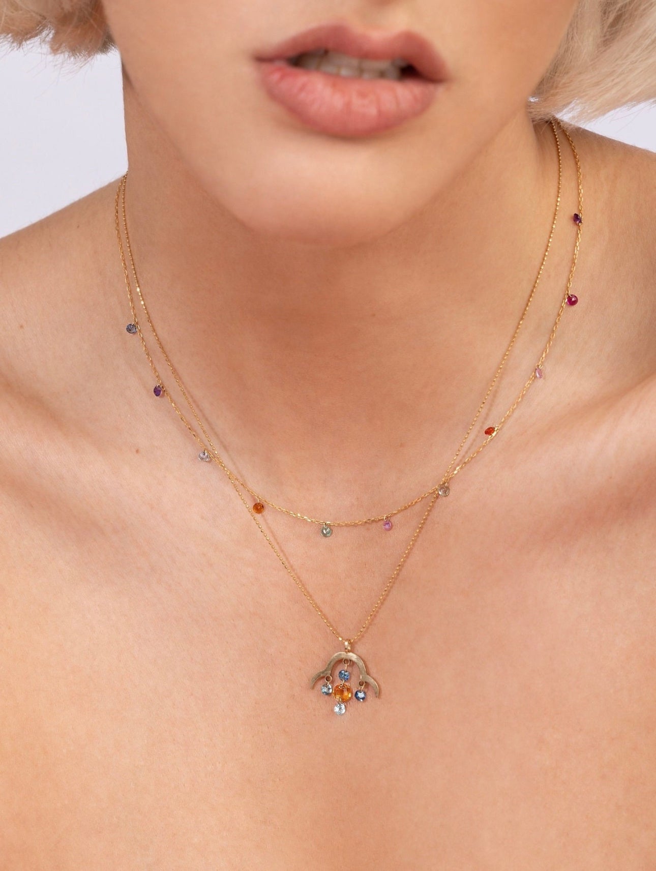 14k Gold Set Free Bare Floating Sapphires Necklace